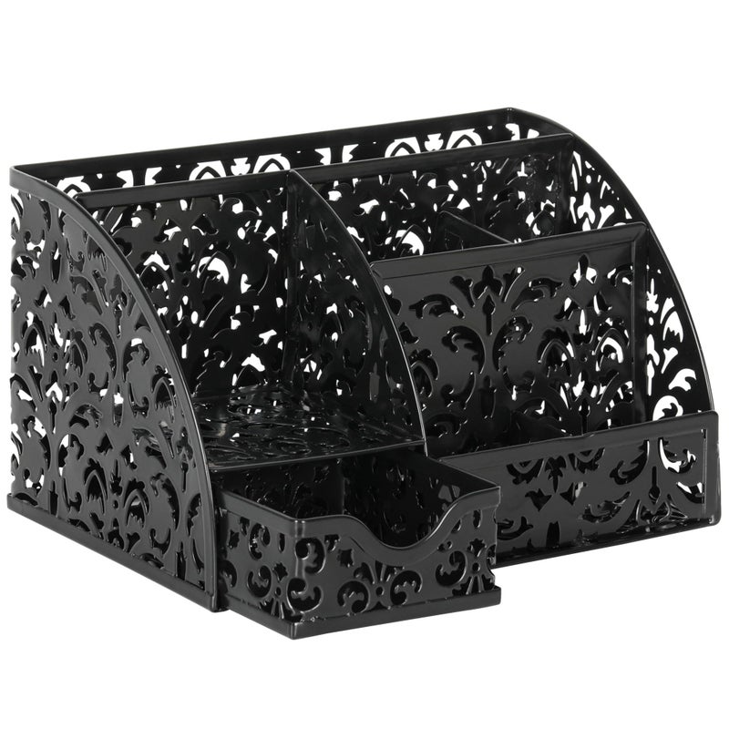 EasyPAG Pen Holder Desk Organizer with Drawer Pencil Cup for Desk 6 Compartments Metal Office Caddy Storage with Sticky Notes Holder for School Home Office, Black - Image 2